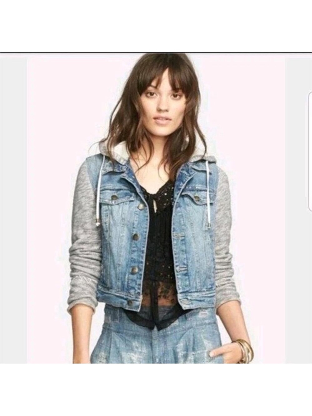Free People | Distressed Knit Sleeve Denim Jacket S Grunge Hooded‎ Streetwear